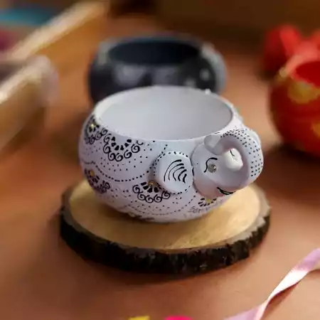 Handmade Washable Terracotta Modern Elephant Diya Tealight T-Light Holder - White